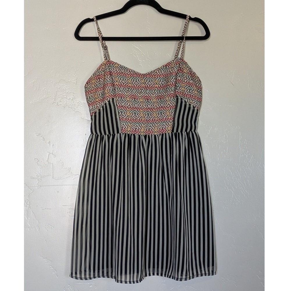 Bar III Mini Dress Womens Medium Black Stripe Boho Pattern Lined Sundress - Picture 3 of 11